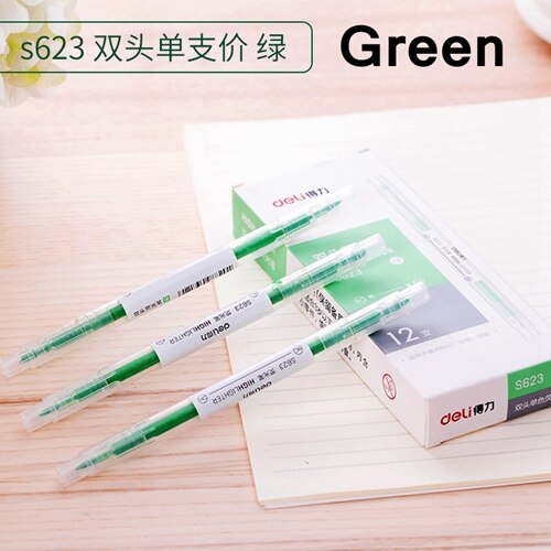 12PCS/BOX Deli S623 Double side Highlighters pen marker pen 6 colors Oblique & Round head double side highligters office school: Green