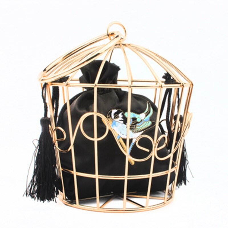 Bolsa de personalidade da moda, gancho bordado, flor, de metal, para gaiola de pássaro, mini bolsa de transporte, bolsa de noite para gaiola de pássaro