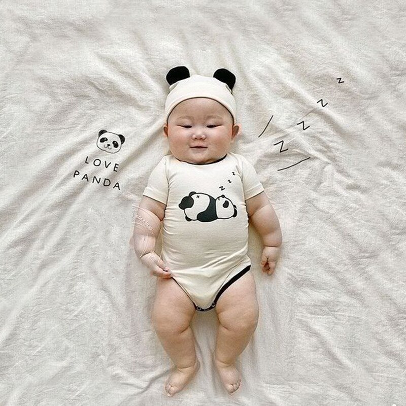 Zomer Baby Boy Kleding 2 Stuks Sets Katoenen Soft Mooie Cartoon Dier Panda Korte Mouw Baby Romper + Hoed Baby kleding Meisje 0-18M