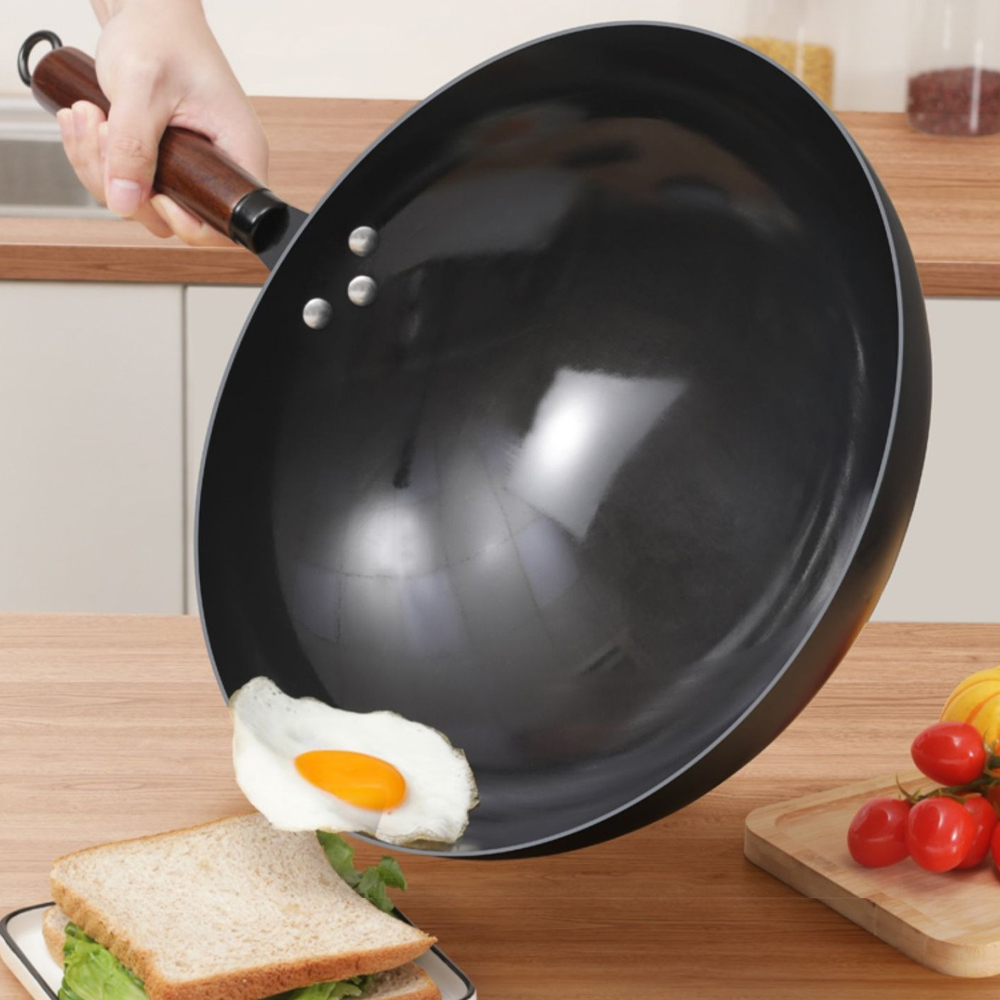 30/32cm dype wok-stekepanner nonstick kinesisk håndlaget jernpanne rundbunnet hjemme ubelagt kokegryte gasskomfyr kjøkkenutstyr