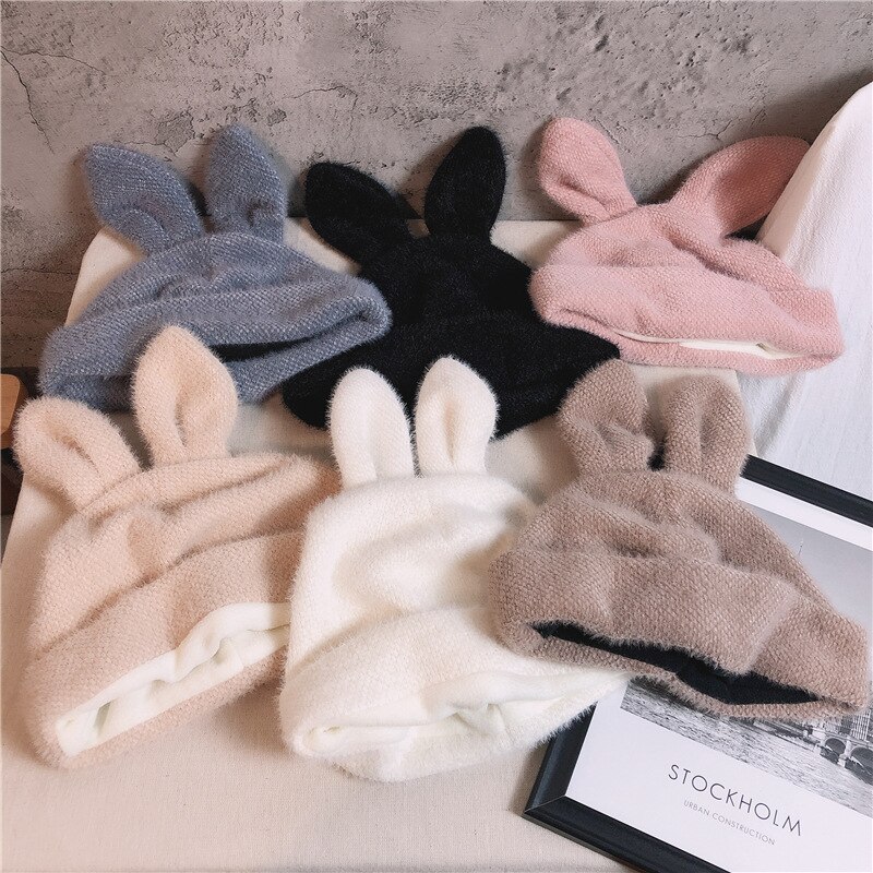 Women's Hats Autumn Winter Lamb Plush Soft Cute Ears Warm Panama Casual Hats Skull Beanie Soft Knitted Beanie Cotton