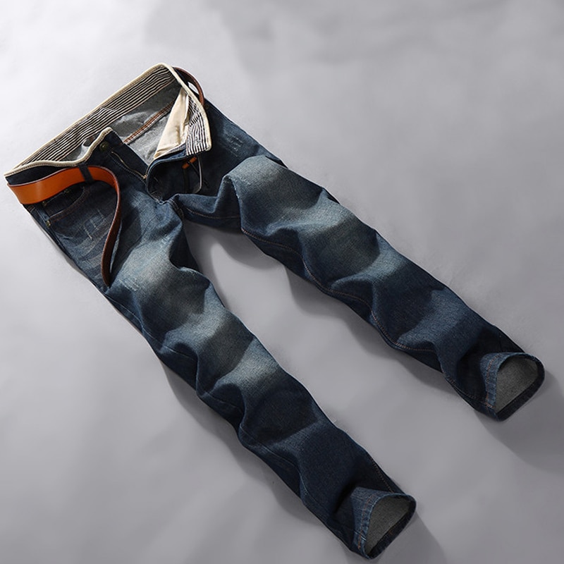 Lente Herfst Mannen Mid-Rise Straight Jeans Comfortabele Broek Casual Slanke Rechte Broek