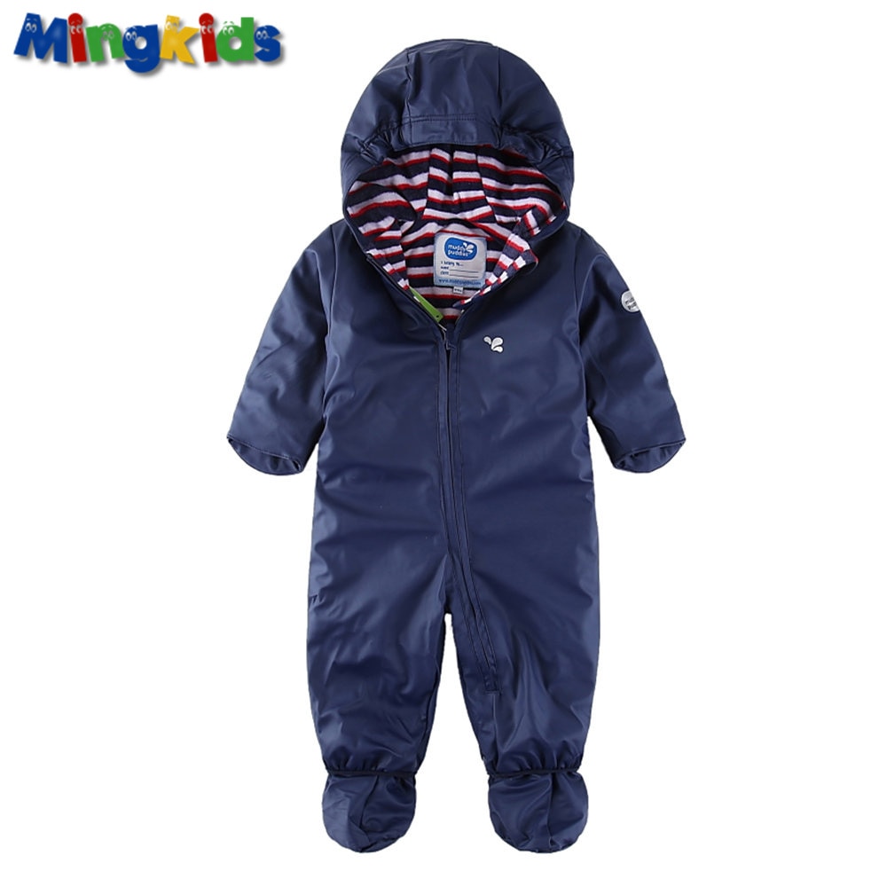 Export Europe 10,000mm waterproof rompers boy gir PU hooded fleece padded Jumpsuit Warm with fleece paded windproof
