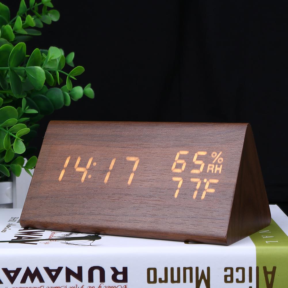 USB Wood LED Alarm Clocks Electronic Table Clock Sound Control Digital Clock Thermometer Timer Calendar Display for Home Decor