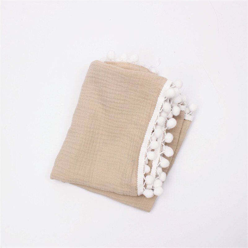 Biologische Katoen Mousseline Baby Bal Kwastje Deken Baby Gaas Inbakeren Wrap Soft Pom Pom Kids Quilt Bed Cover Verpleging Voeden doek: Khaki