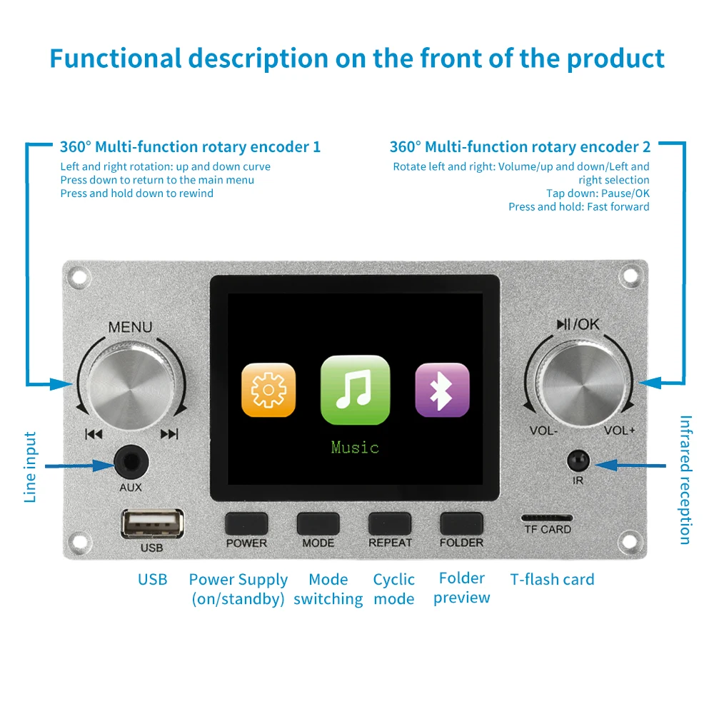 Bluetooth 5.3 2.8 Polegada tft cor lcd lossless mp3 placa decodificadora áudio estéreo flac wav ape decodificação usb tf para amplificador carro
