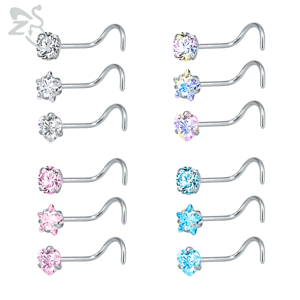 Zs piercing de nariz em aço inoxidável 3-12 porcelana, conjunto de pino redondo, estrela, coração, cristal cz, nariz, 3mm, forma de l, joia de piercing 20g: R-12pcs