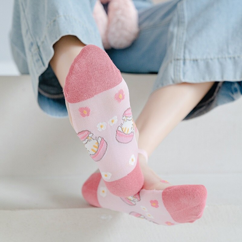 Calcetines transparentes de corte bajo para mujer, medias suaves finas y transpirables de dibujos animados, de Color caramelo, 5 pares