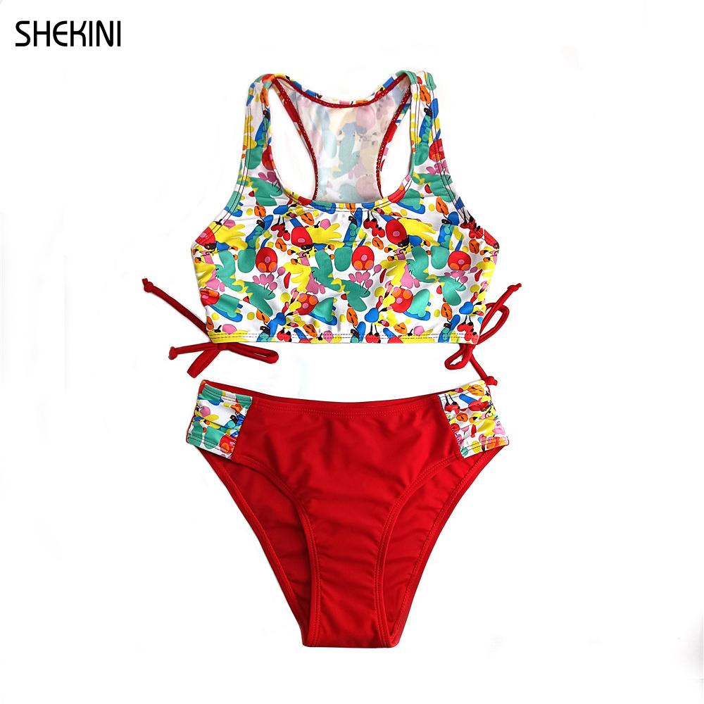 SHEKINI Girls Racerback Print Swimwear Ruched Tie Side Teenage Girls Bikini Set Bathing Suit Two Piece Swimsuits Teen Beachwear