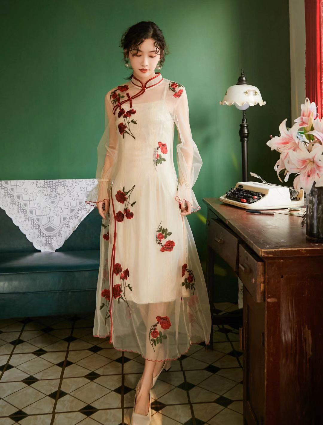 Chinese Dress women qipao flower embroidery bridesmaid wedding party dress vestidos lace mesh cheongsam dress