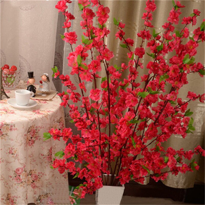 1pc 65CM Artificial Cherry Spring Plum Peach Blossom Branch Silk Flower Home Wedding Decorative Flowers Plastic Peach Bouquet: Rose Red