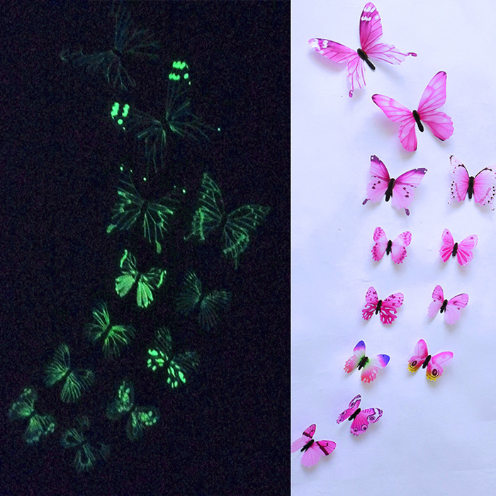 12 Stuks Kinderen Lichtgevende Muursticker Slaapkamer Vlinder 3D Thuis Stickers Voor Kids Party Decoration Glow In The Dark Speelgoed: pink