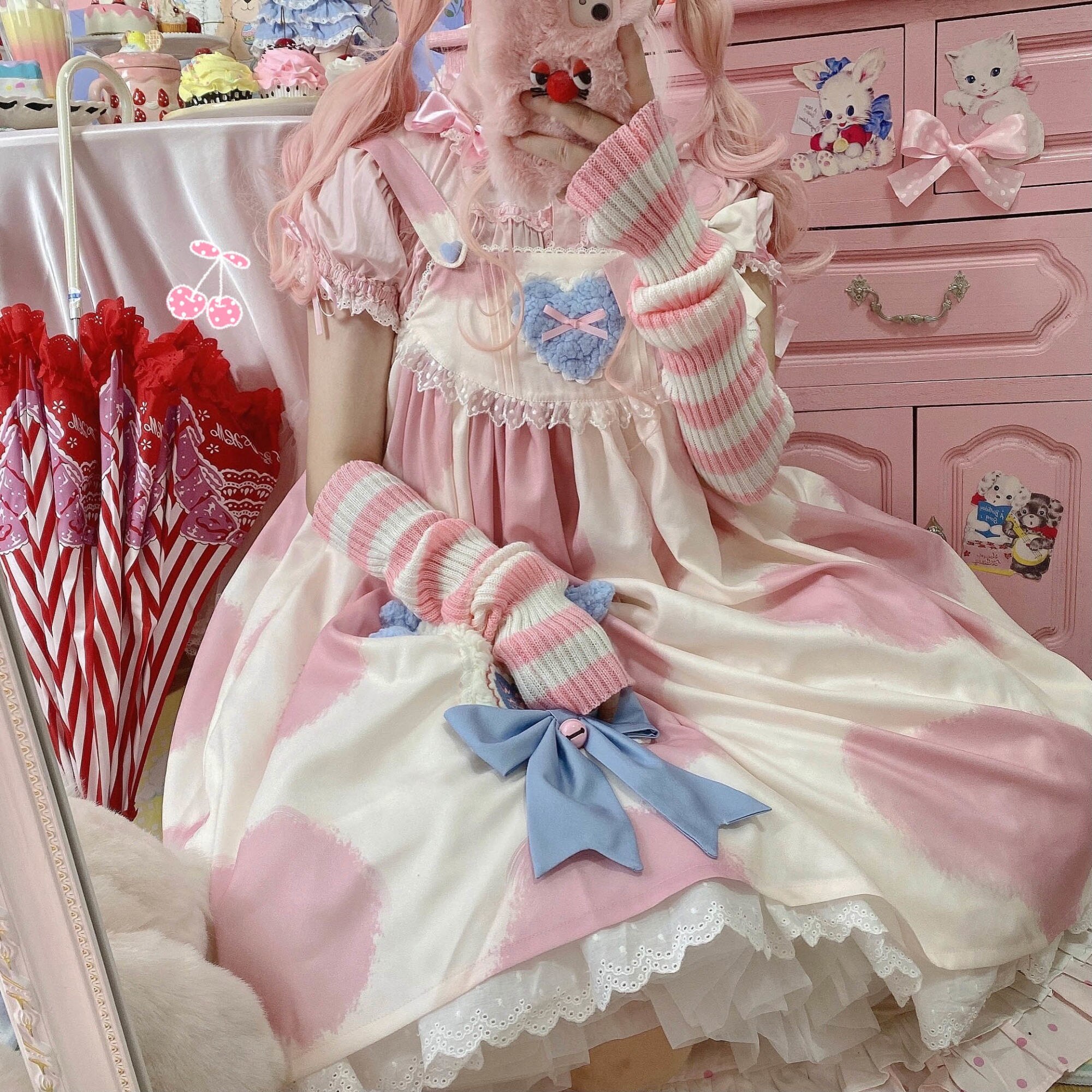 Hstar Pink Lolita Kawaii Milk Cake Cow Print Lolita Dress Jsk Japanese Tea Party Lolita Daily Princess Dress Multiple Colors: Pink Sleeveless