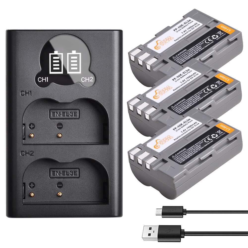 2 pc 1900 mah en -el3e sv  el3e kamerabatteri och led -laddare med typ c -port för nikon  d50 d70 d80 d90 d100 d200 d300 d300s d700.: Laddare och 3 batterier
