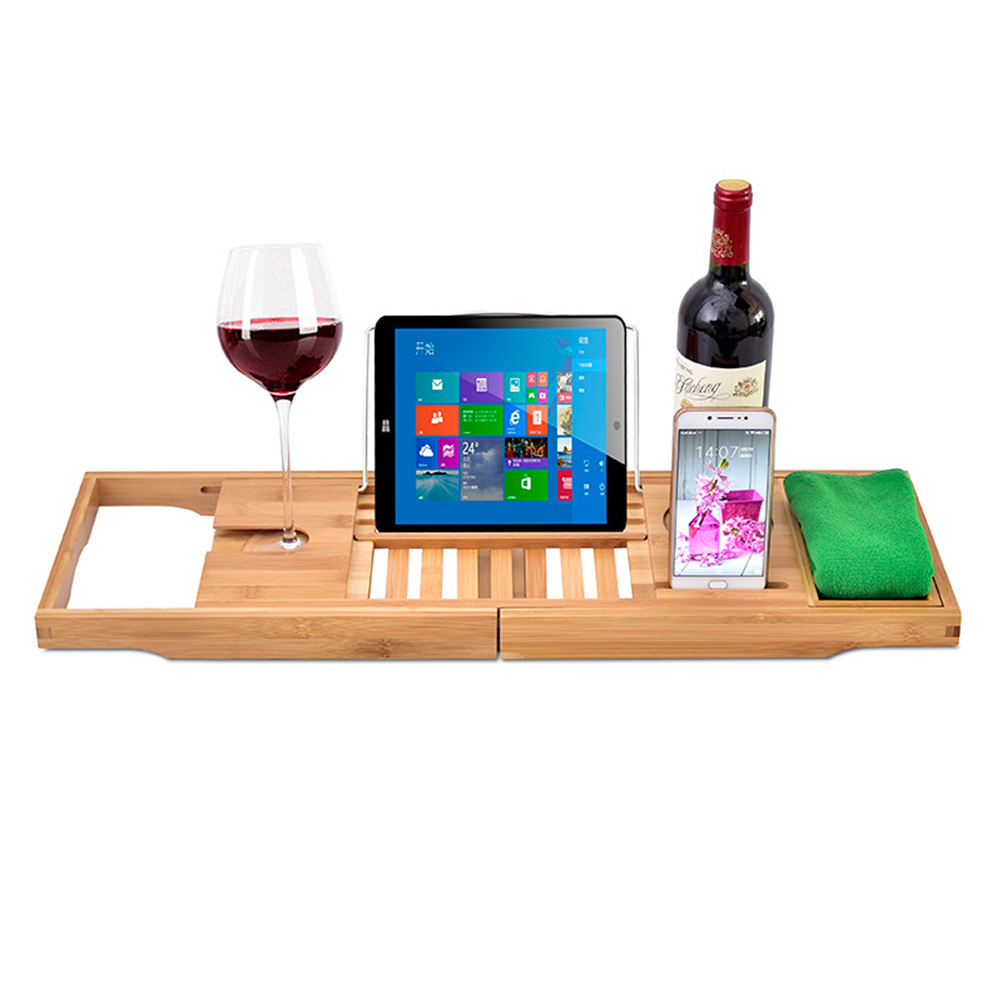 Bamboo Bathtub Tray with Extending Sides Reading Rack Tablet Holder Cellphone Tray and Wine Glass Holder Luxury in the Bath A30