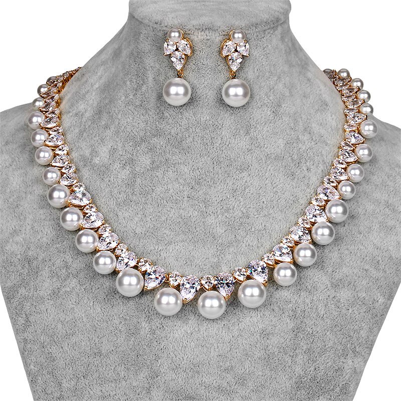 Original weimanjingdian zircônia cúbica e concha pérola colar e brinco conjunto de casamento nupcial da dama de honra jóias: 14K Gold