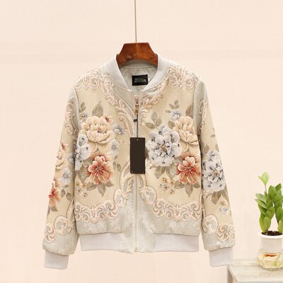 vintage Jacquard Satin embroidery jacket for woman beading floral embroidery long sleeve pink Baseball coat runway outfit: Blue / M