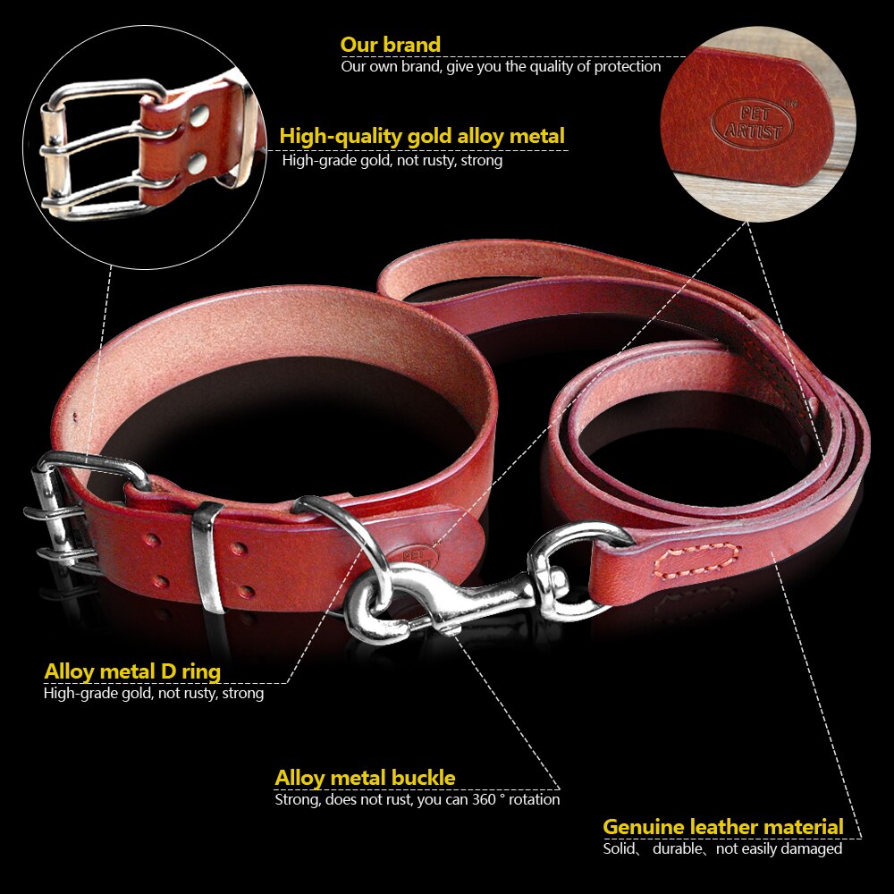 Heavy Duty Plain Leather Pet Dog Collar Leash Set Adjustable For Small Medium Large Dog Breed Pitbull Boxer Bulldog S -2XL Brown