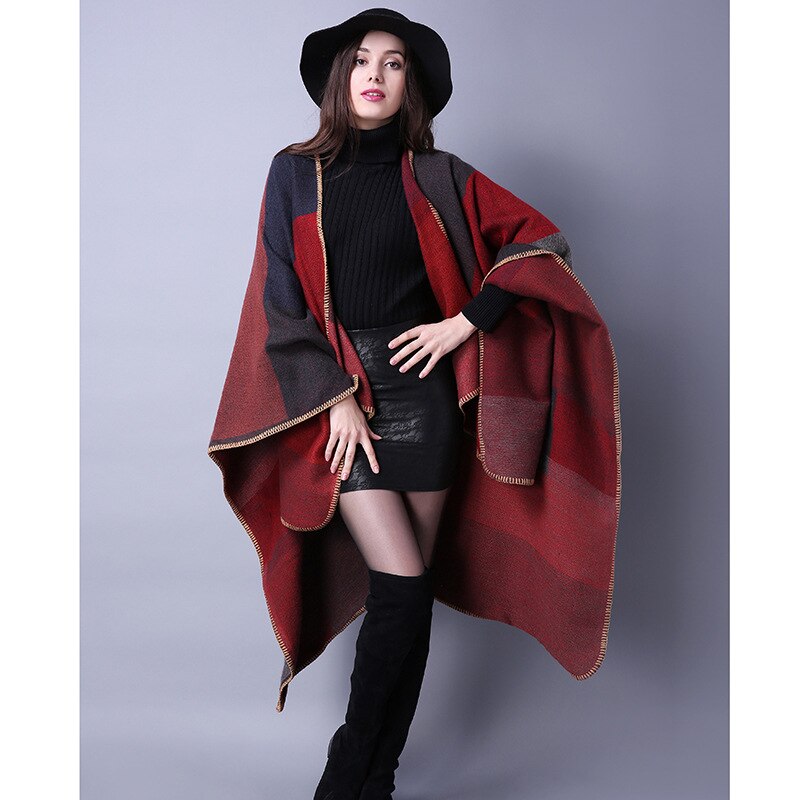 Hiver femmes réversible surdimensionné couverture Plaid pull Poncho Cape châle et enveloppes Cardigans épaissir pashmina écharpe