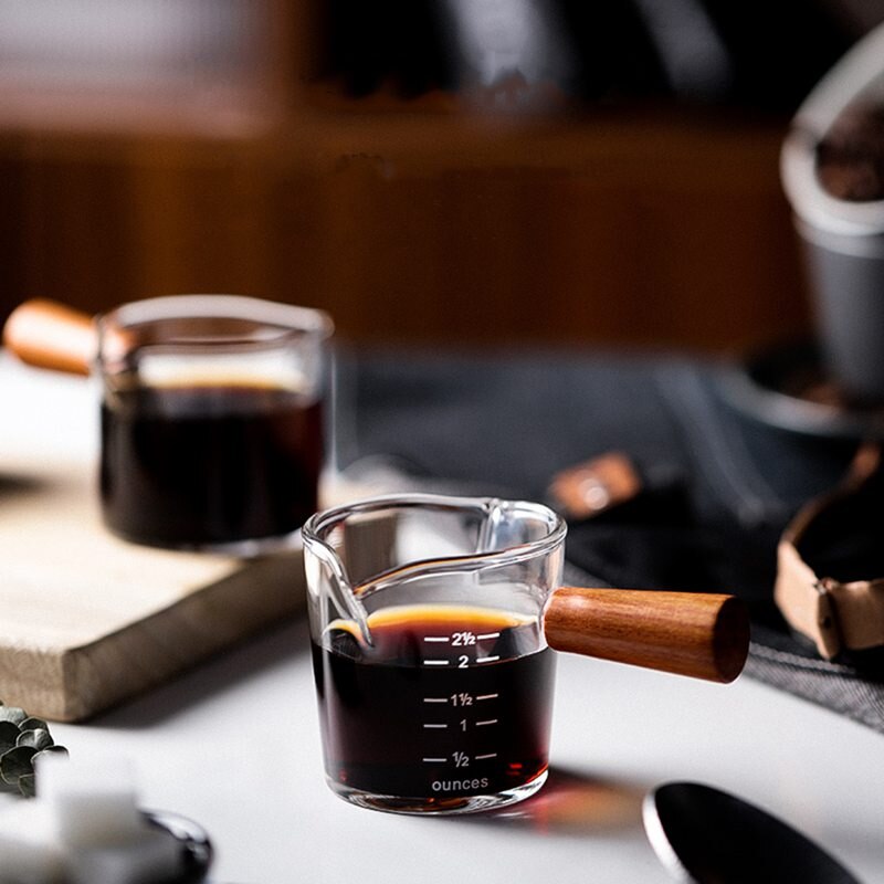Heat-resisting Glass Espresso Measuring Cup Wooden Handle Double Mouth Glass Milk Jug Glass Scale Measure Mugs