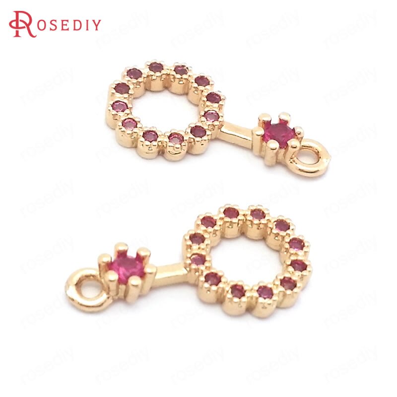 (38539)10PCS 8x15MM 24K Oro Champagne di Colore Ottone e Zircone Tondo Pendenti E Ciondoli Pendenti Con Gemme E Perle di Gioielli di Alta Qualità realizzazione di Accessori: Magenta