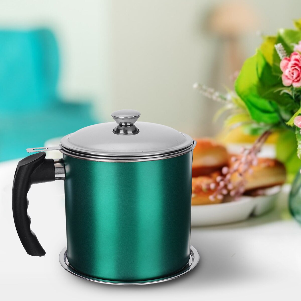 Pot d'huile domestique de 1,3 l, couvercle de filtre à graisse, bouteille de cuisson pour outil de filtre de cuisine: Green