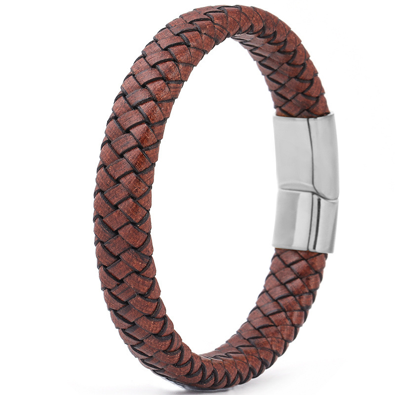 Stijl Bruin Lederen Armband Voor Mannen 3 Kleur Rvs Sluiting Geweven Lederen Armband Mannen Charm Sieraden: L12brown silver / 19cm
