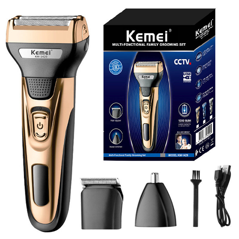 Kemei-Kit de Higiene Elétrico para Homens, Aparador De Pêlos De Barba, Corpo, Nariz, Máquina De Barbear De Orelha, Recarregável, 3in 1: Dourado