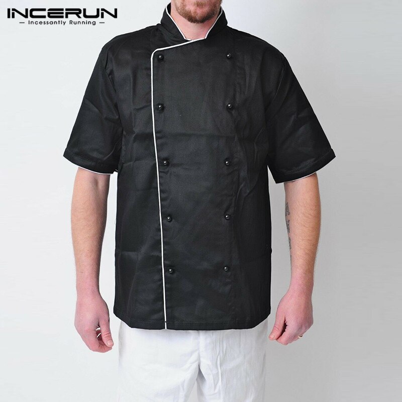 Incerun unisex kock uniform kortärmad dubbelknäppt arbetsjacka ståkrage matservering catering kök servitör toppar 5xl
