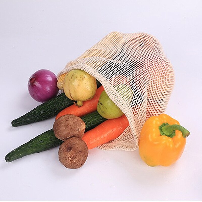 3pcs Cotton Mesh Vegetable Fruit Bags Reusable Mesh Shopping Bag Storage Bag Kitchen Fruit Vegetable with Drawstring