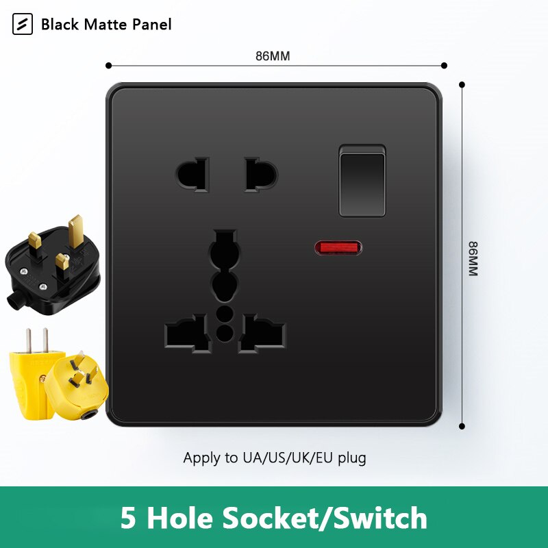 Atlectric Usb Wall Socket EU Standard Electrical Socketes Black Large Plastic Panel Multi-function Socket With Switch AC110-250V: 5HD1GL