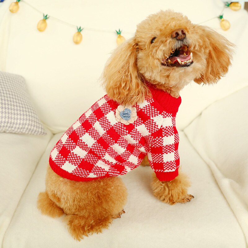 Hund sweater efterårsblomst plaid bamse chihuahua kæledyrstrøje strikket varmt hundetøj