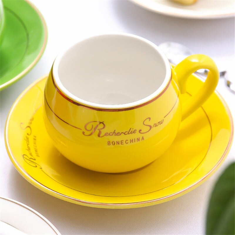 European Simple Cute Coffee Cup with Saucer Spoon Set Bone China Ceramic Tea Cup Office Milk Mug Drinkware