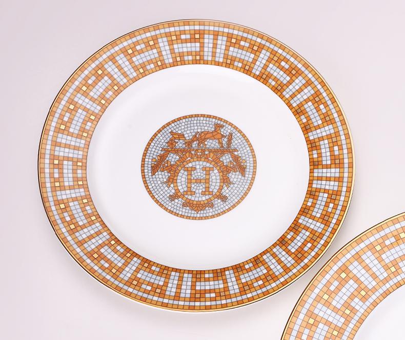 Ceramic Dinner Plates Geometric Pattern Ceramic Dish Dinner Plate Yellow Grid Dinnerware Set dessert plate dinnerware cake plate: 20cm