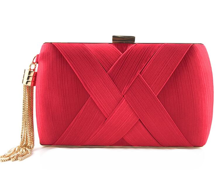 Hand holding dinner bag satin fringed dress bridal evening bag: Red
