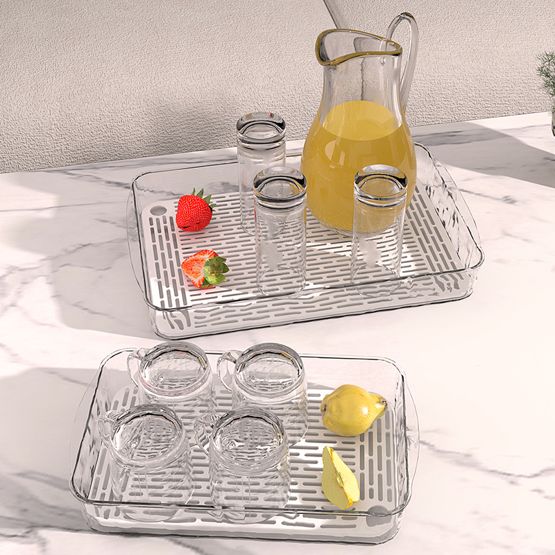 Bandeja de almacenamiento de drenaje de vajilla transparente, bandeja para fregadero de cocina, bandeja de frutas para sala de estar, organizador de artículos de tocador para baño, PET