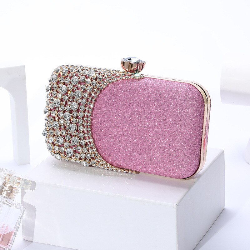 Women Diamond Evening Clutch Bags Bling Patchwork Banquet Wallets Wedding Dinner Bags MN: Hot Pink