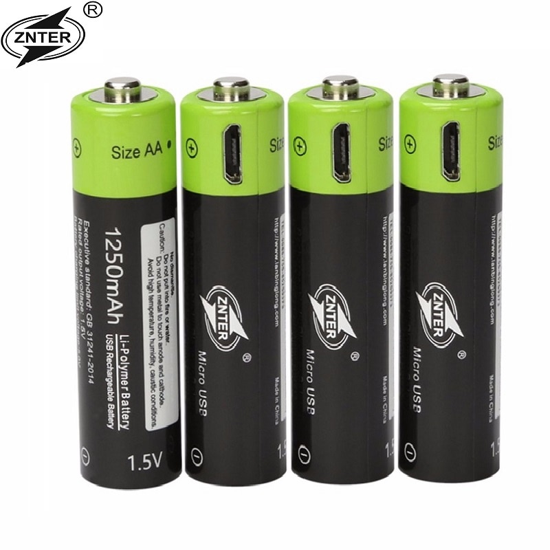 ZNTER AA 1.5 V 1250 mAh Batterij 1/2/3/4 pcs USB Snel Opladen Oplaadbare Lithium polymeer Batterij Opgeladen door Micro Usb-kabel