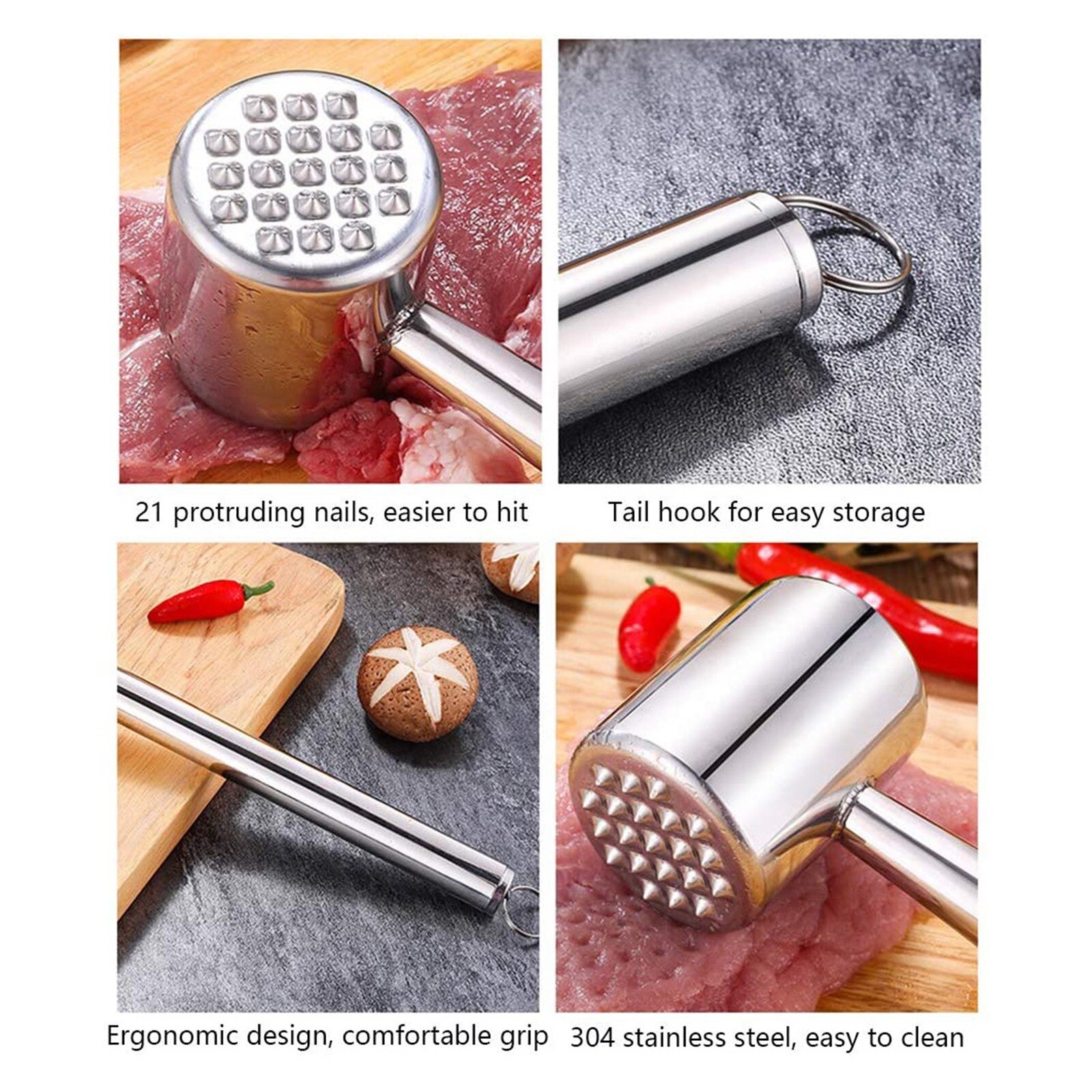 Professionele Rvs Mallet Mals Vlees Hamer Dubbelzijdige Steak Rundvlees Varkensvlees Verzachten Stamper Keuken Koken Tool N50