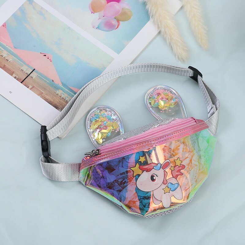 women leather waist bag cartoon sequin fanny pack for kid girl cute phone chest bag female belt bag fanny packs: pink