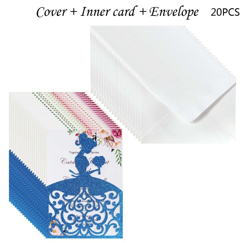 20pcs/set Wedding Invitations Cards Glitter Girl Greeting Card Invite Envelopes Bridal Engagement Party Supplies: Blue