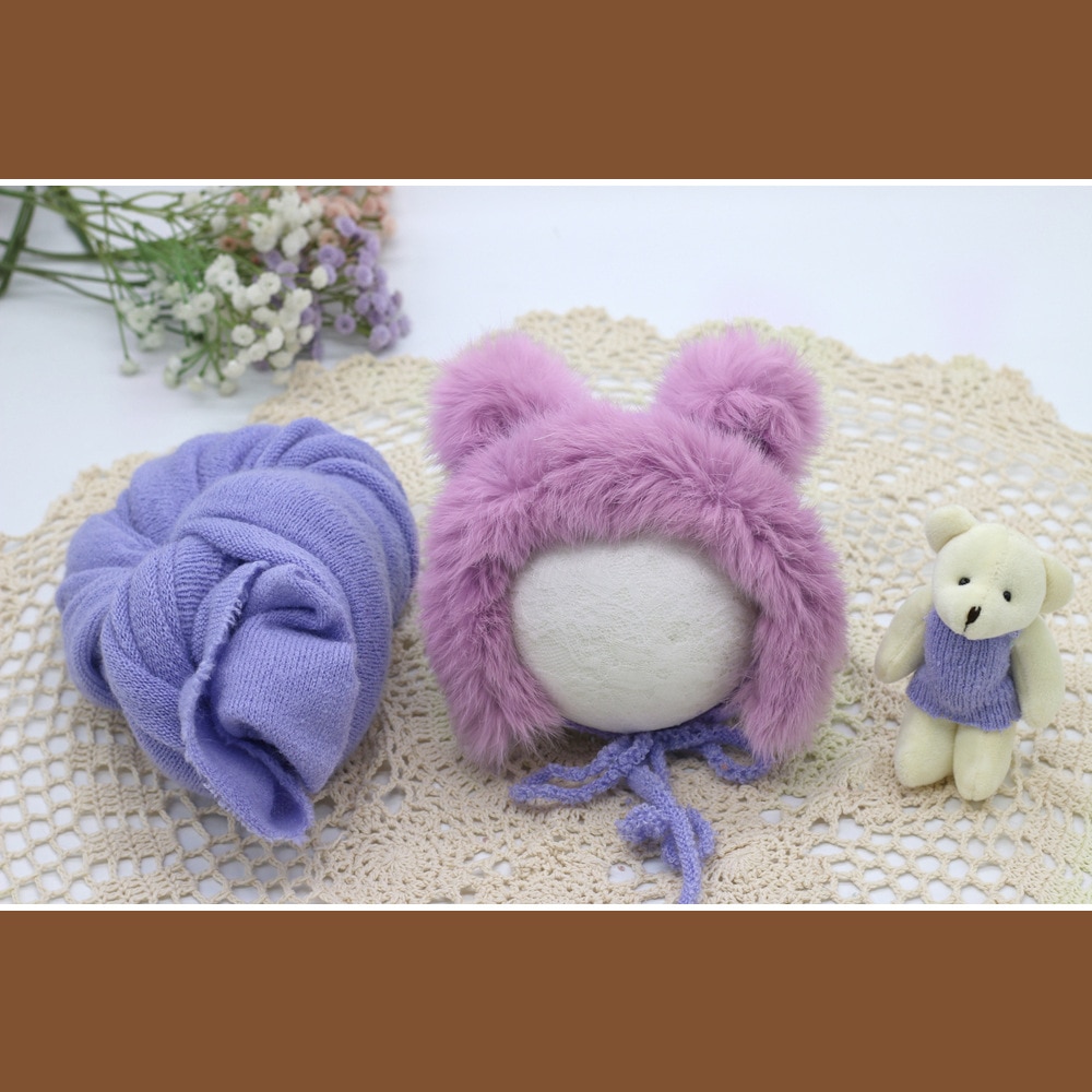 3pcs/set Newborn Photography Props Blanket Hat Baby Photography Wrap Props Bear Doll Baby Photo Shoot Accessories: purple