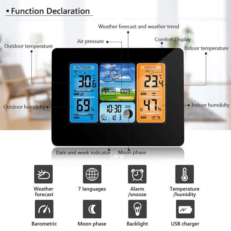 Vejrstation trådløs indendørs udendørs sensor termometer hygrometer digital alarm ur barometer prognose farve