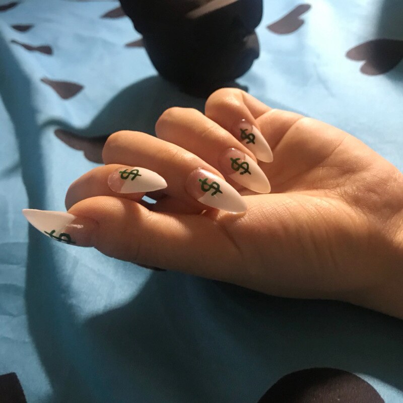 24 pièces/ensemble Dollar signe faux ongles détachable blanc pointu faux ongles décoration Nail Art outils presse sur faux ongles avec de la colle