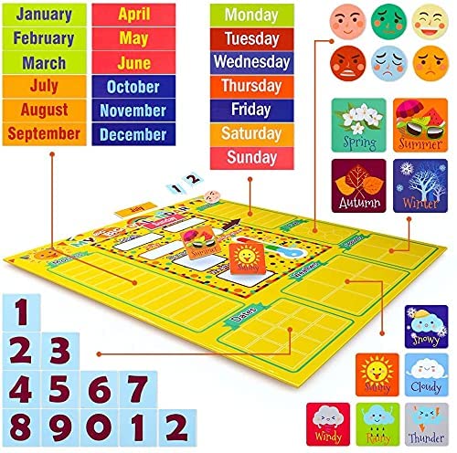 Daily magnetic calendar with hanging ring, early childhood education calendar move the magnet to display the time and weather