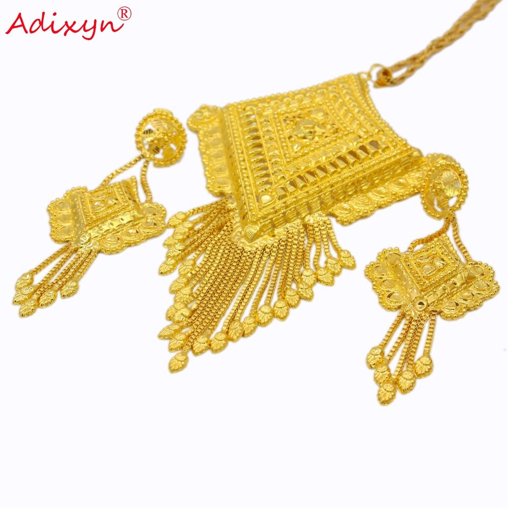 Adixyn Quadrilateral Shape India Necklace/Pendant/Earrings Jewelry Set For Women Gold Color African Party free box N12174