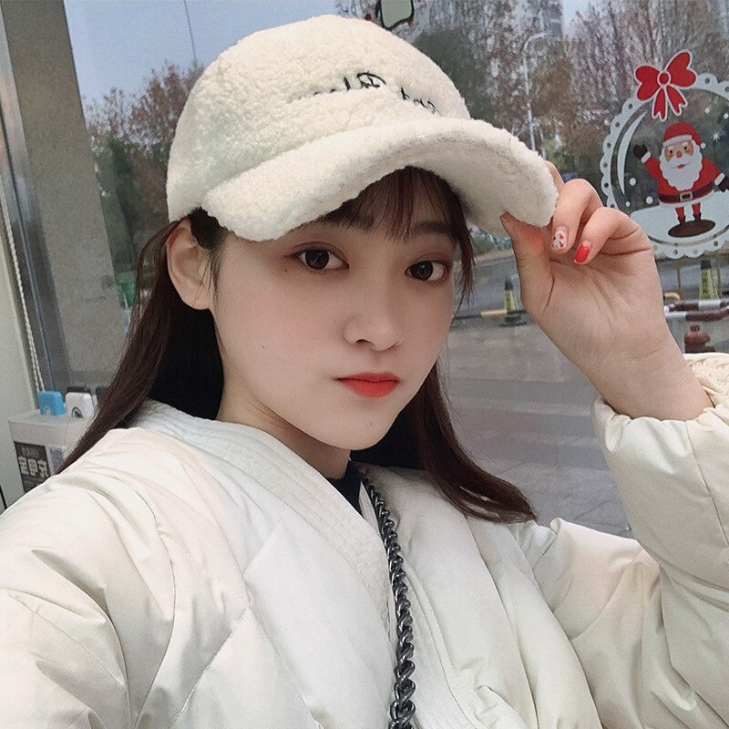 Lamb Wool Hat Women Autumn And Winter Korean Version Girl Tide Letter Ins Show Face Cute Warm Cap Plush Baseball Cap