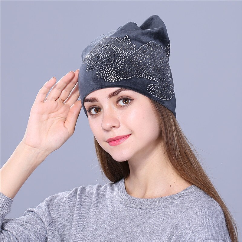 Xkolme söpö reinin kivi kitty flanellette syksy talvihattu naisille tytöille pipot skullies gorras: Tummanharmaa