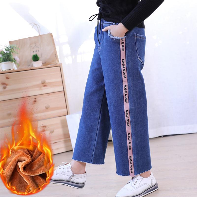 Korea pige tøj jeans vinterbukser teen plus fløjl varme bunde bukser varm fleece gammel pige denim bukser børn vinter outfit