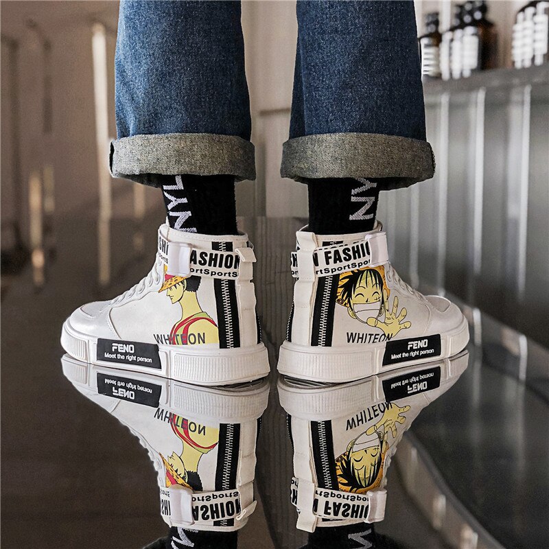 PARZIVAL Men's ONE PIECE Shoes Sneakers Anime PU Leather Classic High Top Men Vulcanized Shoes Cosplay Casual Men's Boots Male